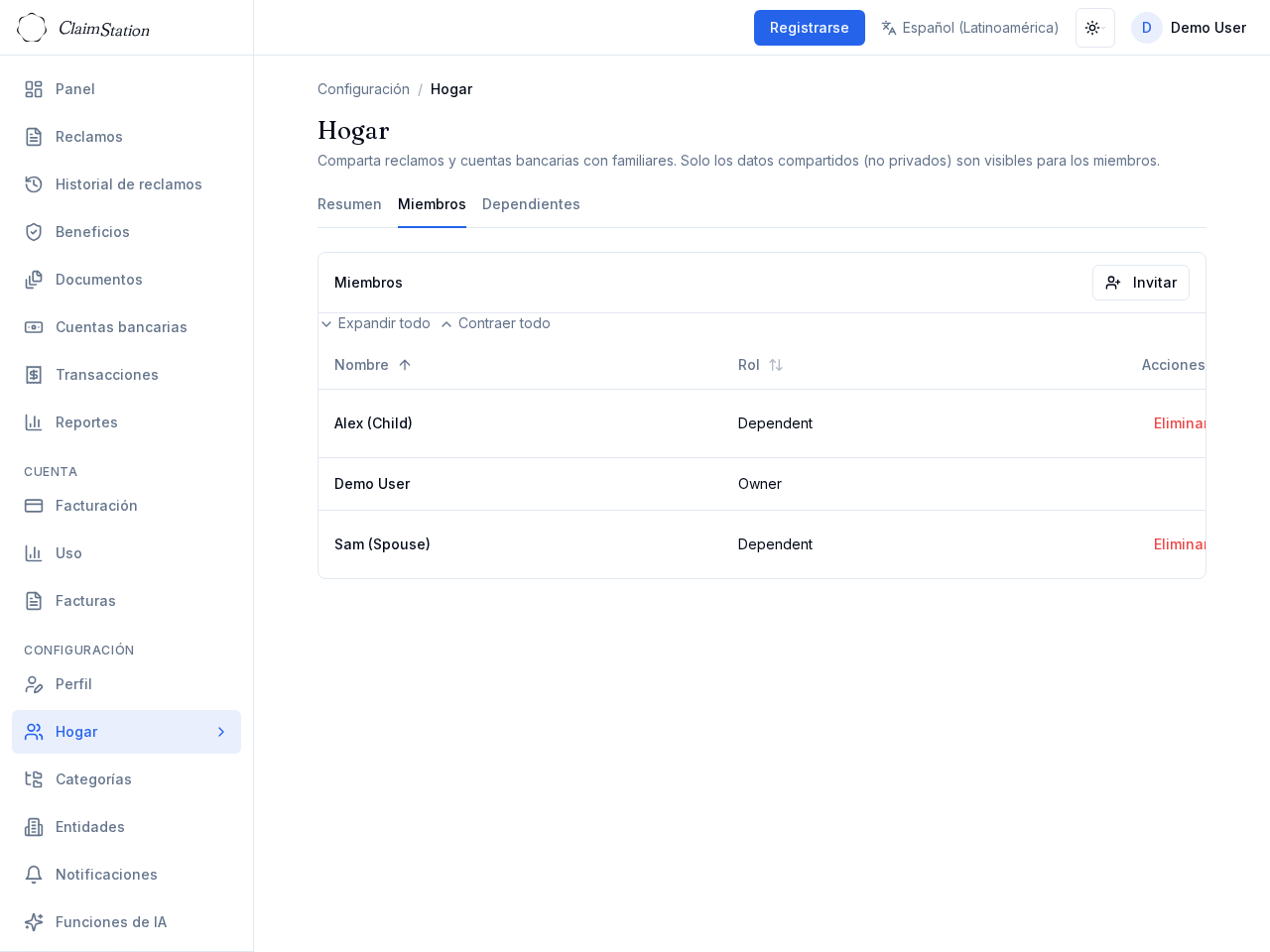 Configuración de miembros del hogar en ClaimStation